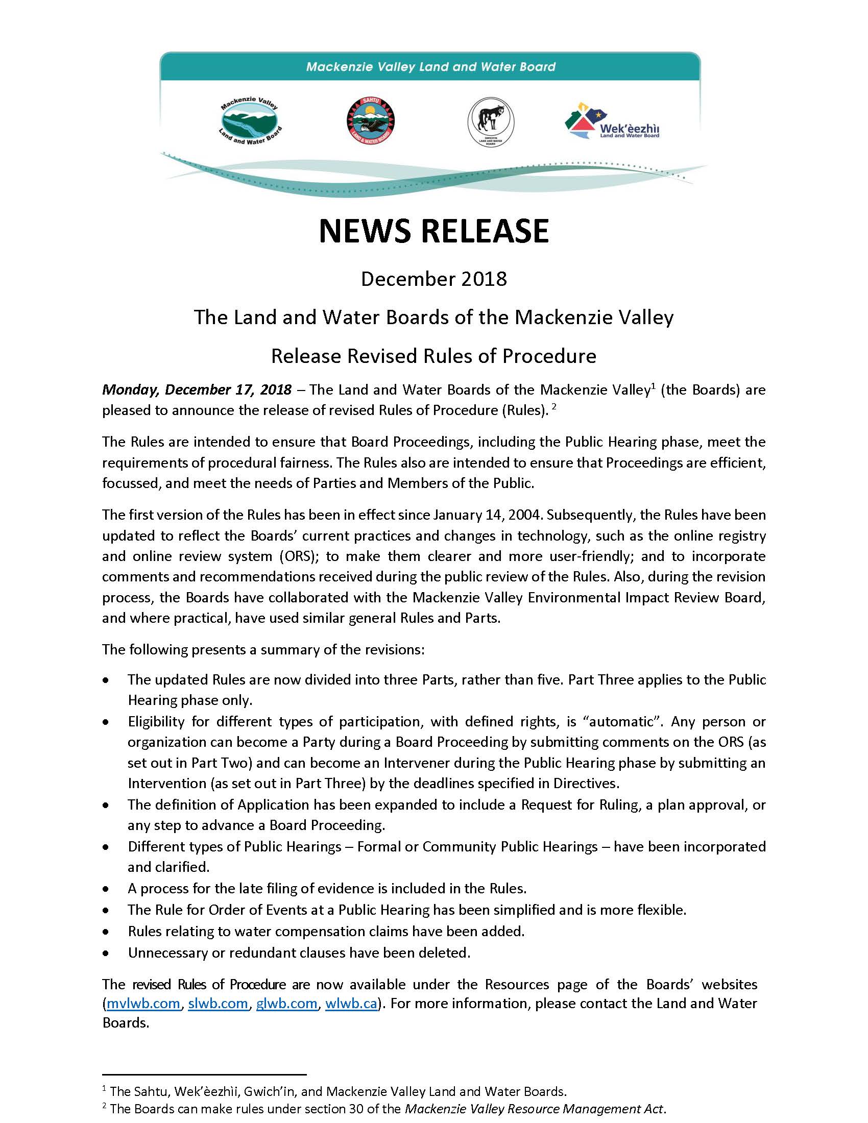 The LWBs of the Mackenzie Valley Release Revised Rules of Procedure Revised Rules of Procedure